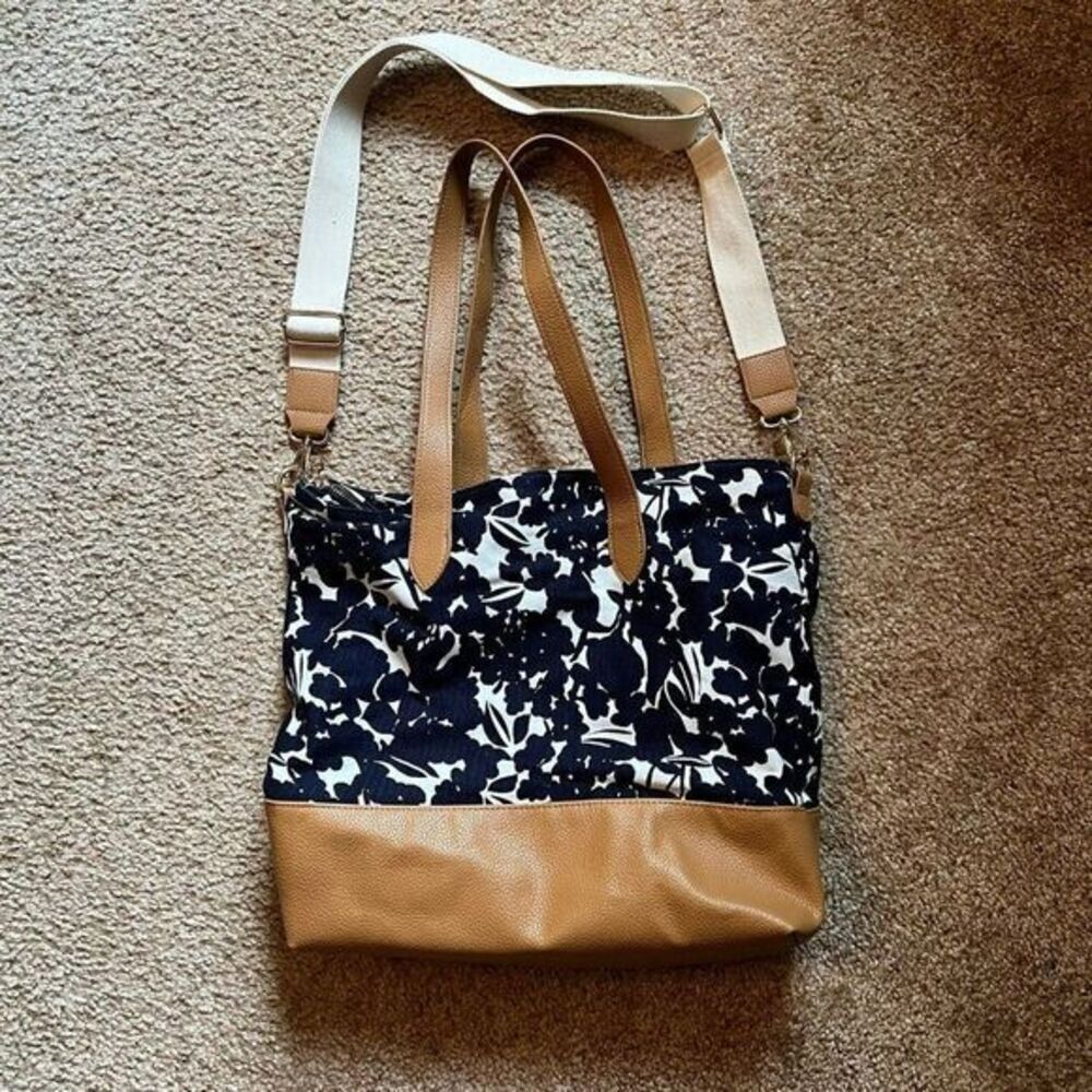 Navy Floral Canvas Tote Bag with Tan Leather Trim and Convertible Shoulder Strap